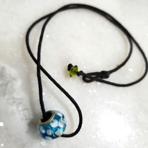 Turquoise Glass Bead Black Cord Short Necklace Green Glass Bead Toggle Clasp